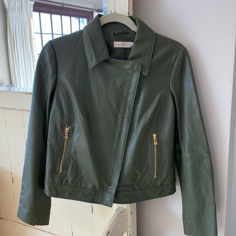 Gorgeous olive green leather Tory Burch motorcycle jacket-gold hardware women 6